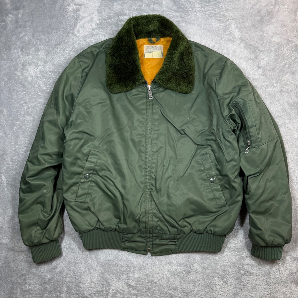Vintage Sears Work Leisure Bomber Jacket Mens L Green Faux Fur Collar 80s